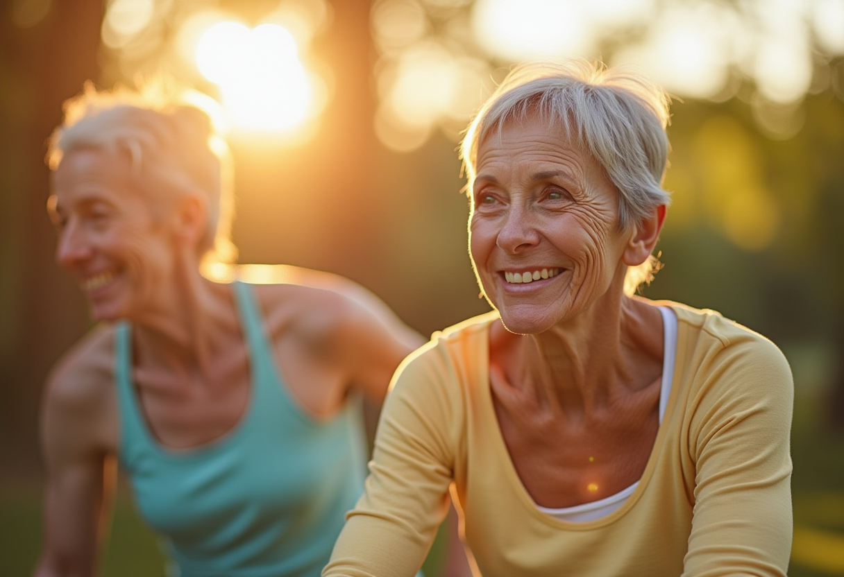 Група людей старшого віку виконує фітнес-вправи під наглядом тренера в сучасному залі